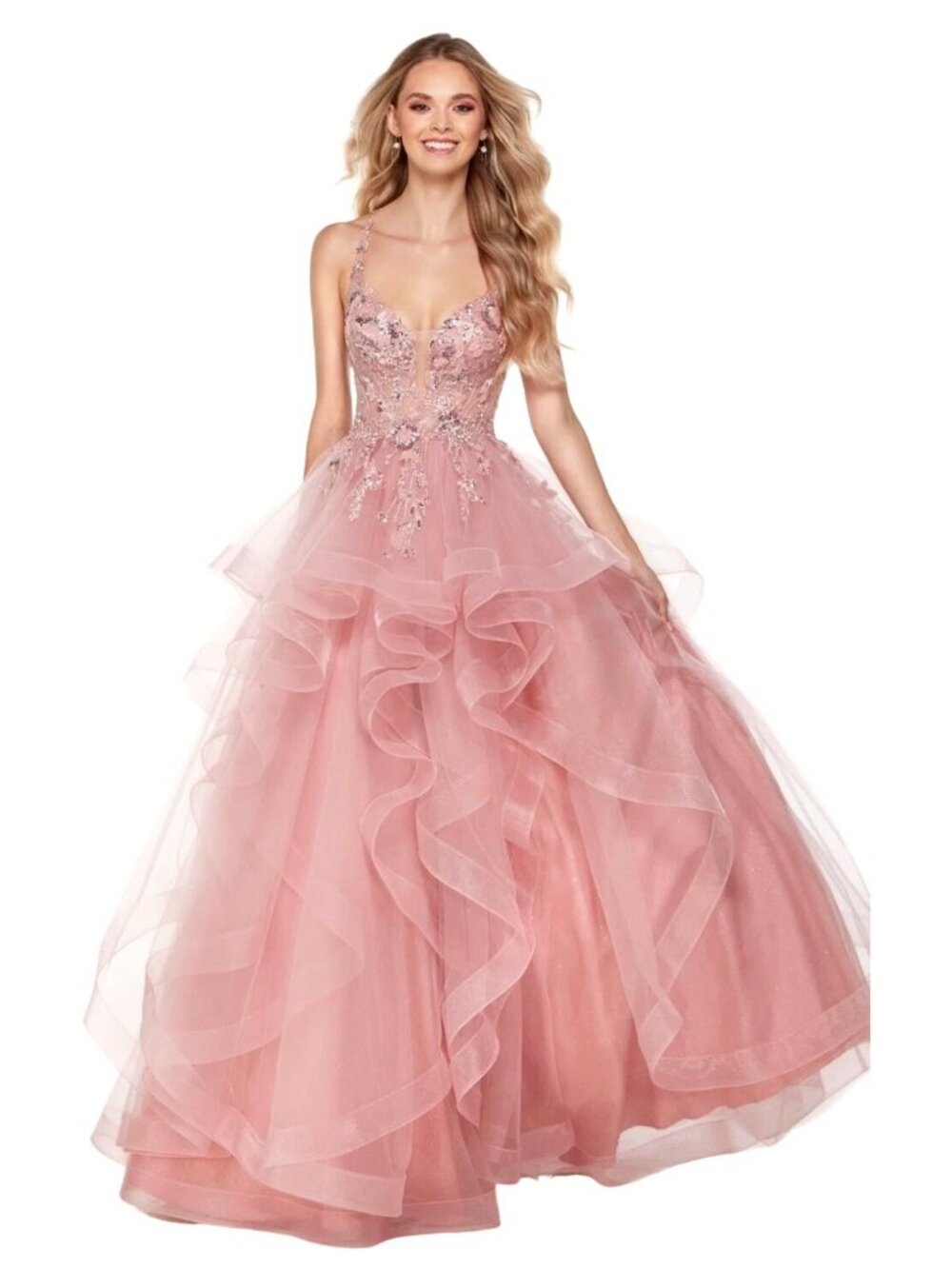 size 8 Alyce Paris 61085 formal pink waterfall v-neck beaded sequin full flowy d